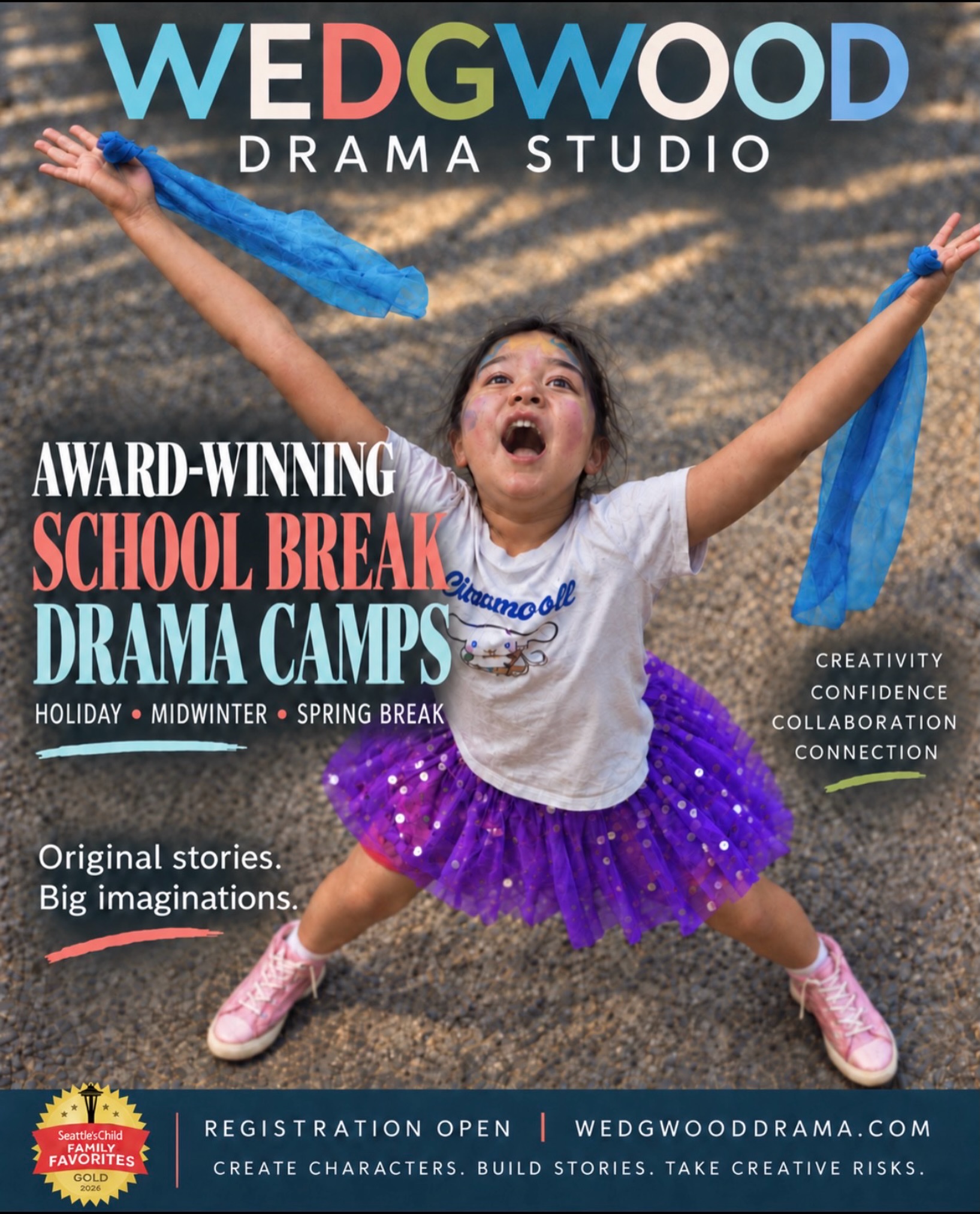 Come see why families return to Wedgwood Drama Studio again and again.

Whether you’re brand new to drama or have been creating with us for years, you belong here.

Registration is open for Holiday, Midwinter, and Spring Break Drama Camps. Spots fill quickly! 

wedgwooddrama.com