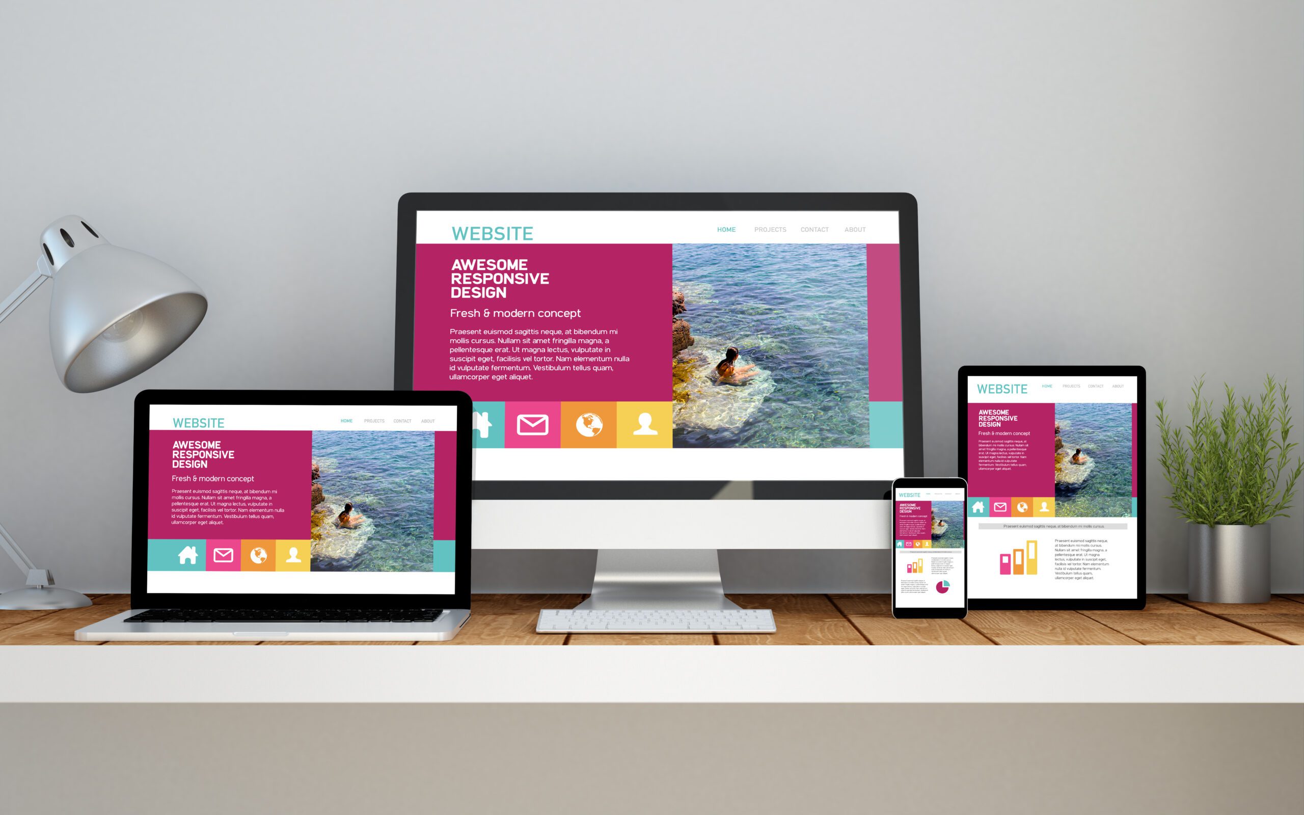 A responsive website shown on desktop, tablet and phone screens
