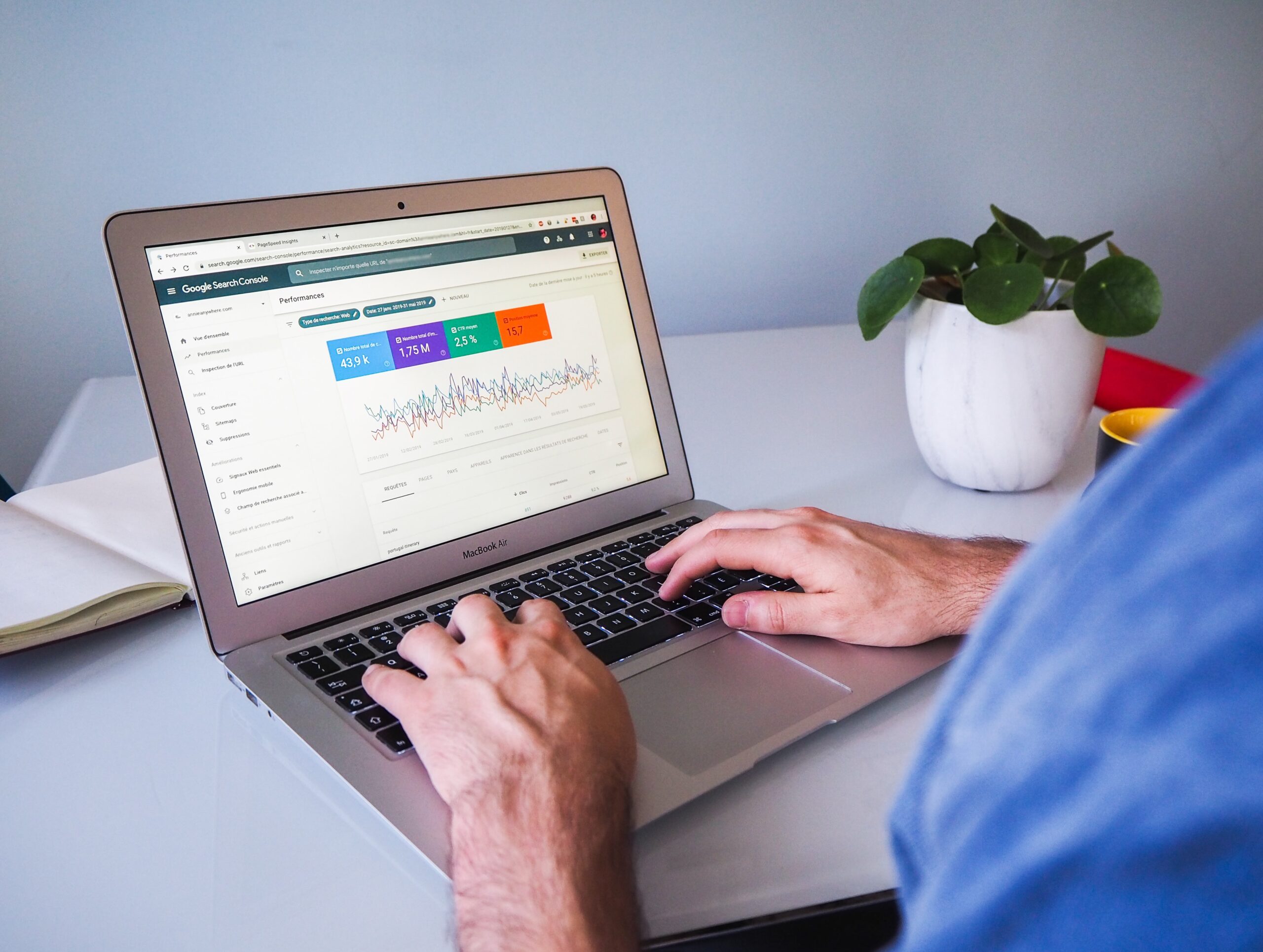 Google Search Console performance dashboard on a laptop